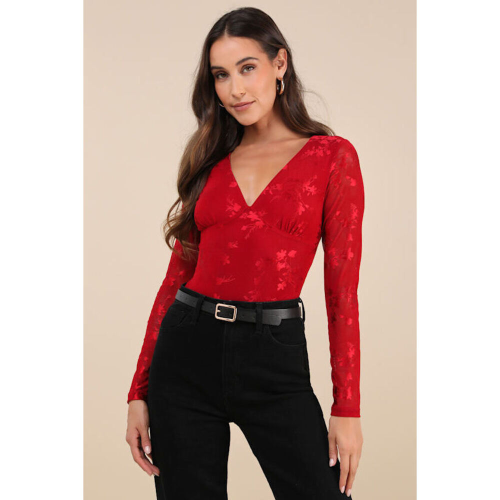 Lulus Mesmerizing Red Mesh Burnout Long Sleeve Bodysuit - Size XS